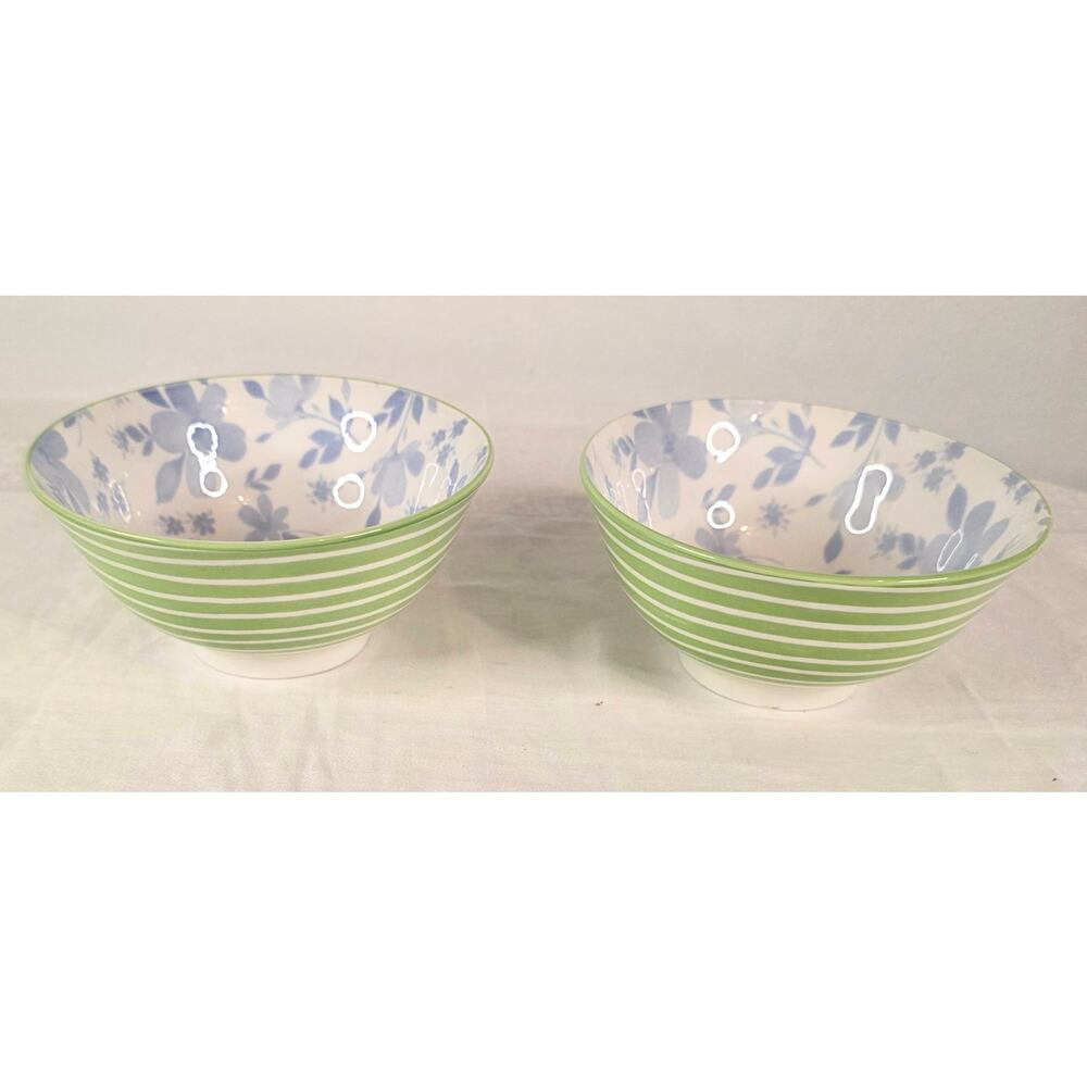 Pair Unbranded Stoneware Bowls Blue White Florals Green Stripes 6 1/4" Diameter